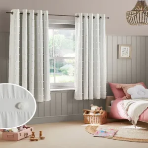 White Bobble Pom Eyelet Curtains