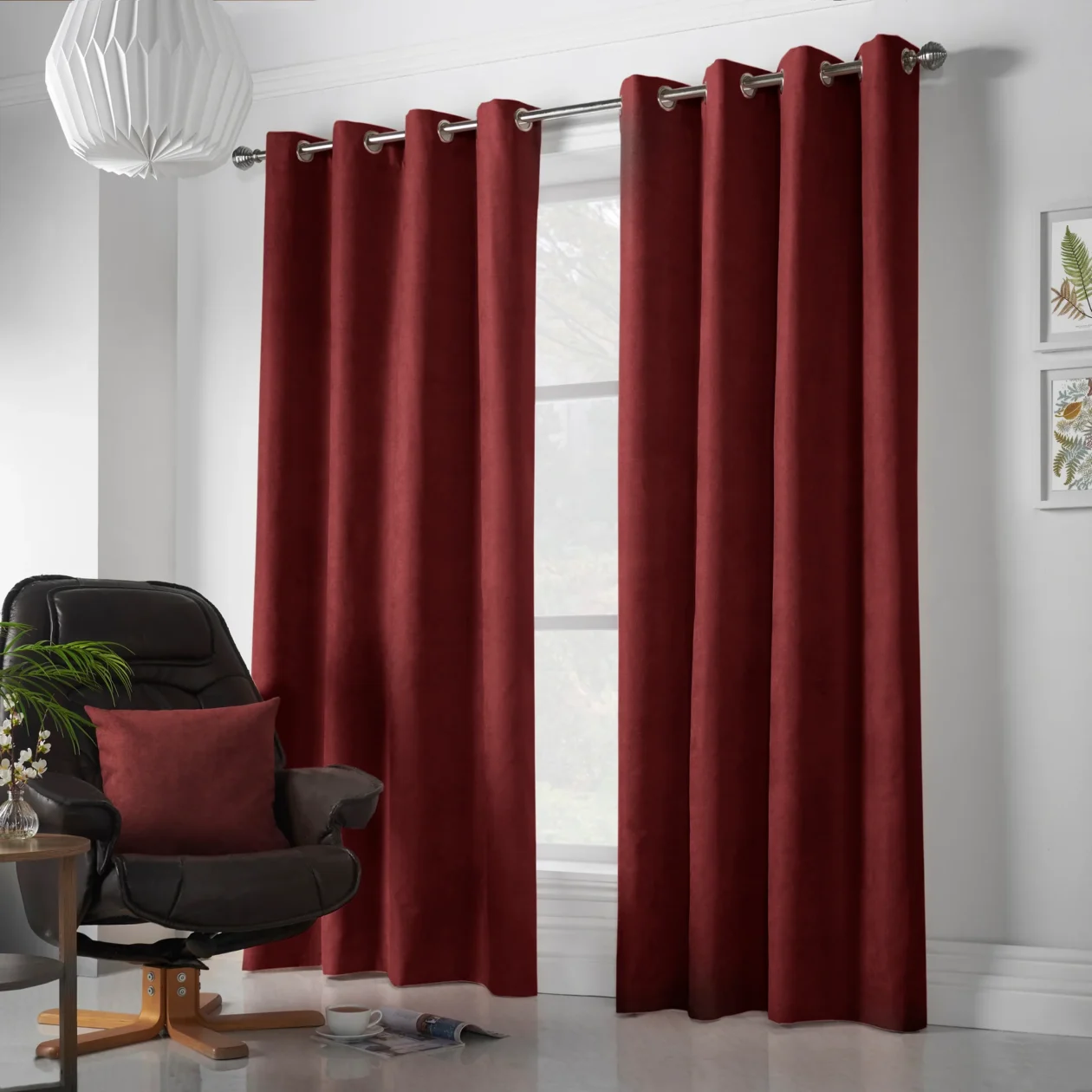 Chenille Ready Made Eyelet Curtains Red
