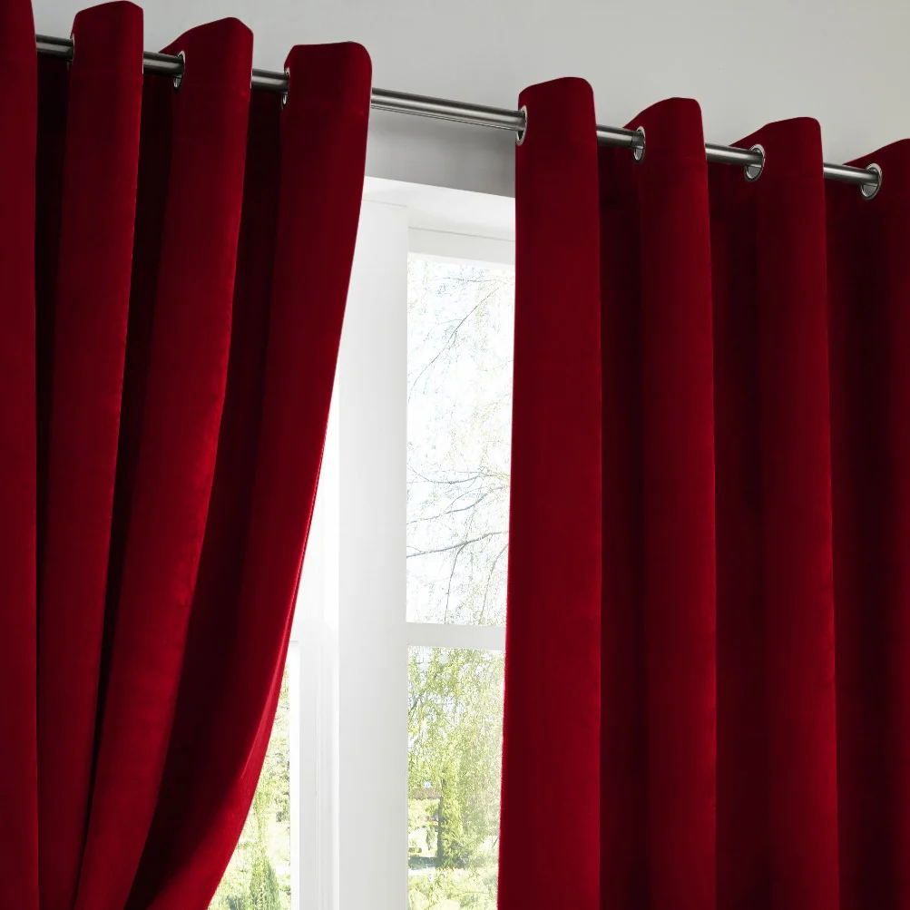 Velvet Triple Woven Ready Made Eyelet Blackout Curtains Red